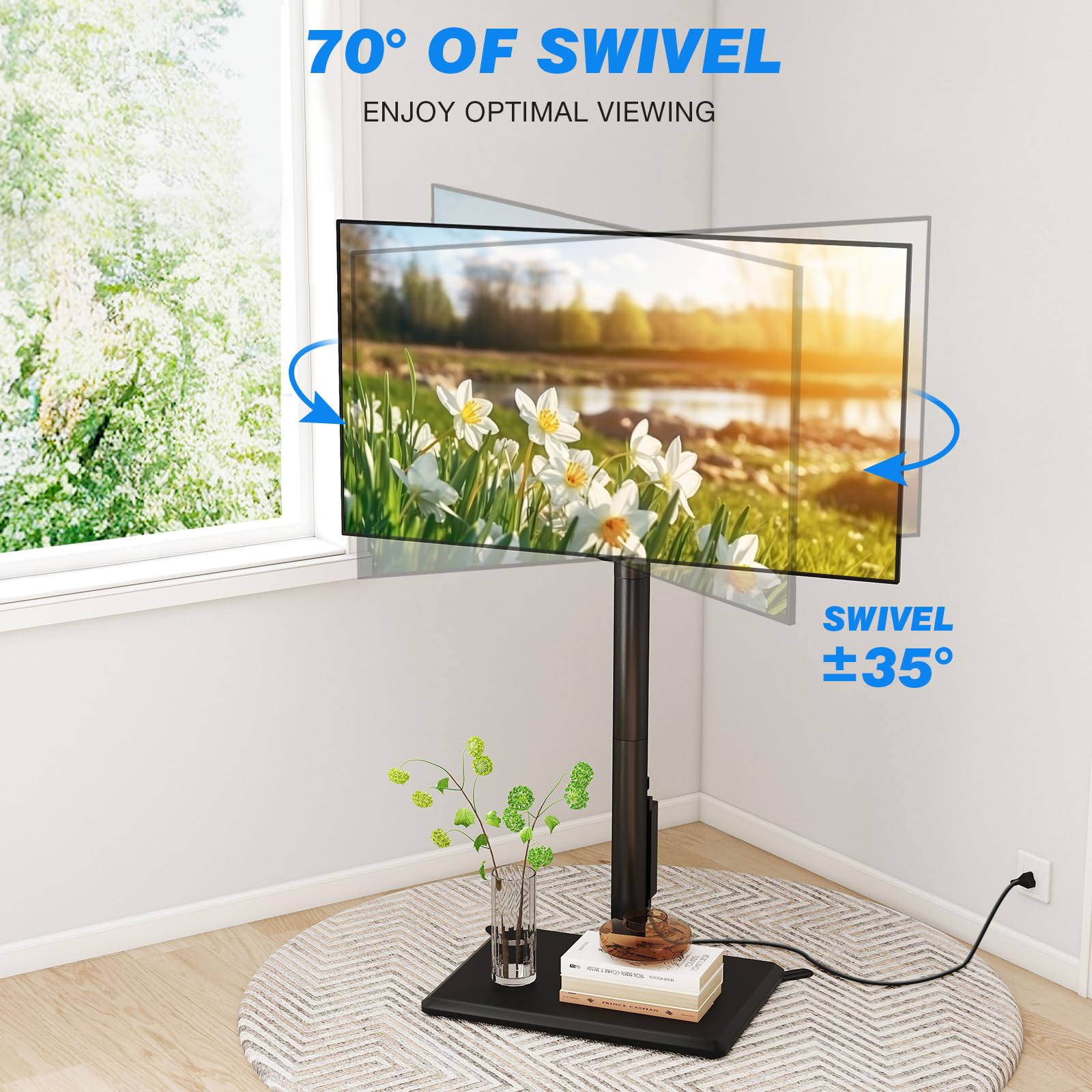 Rfiver Swivel Floor TV Stand with Power Outlet for 32-60 inch TVs, Height Adjustable Tall TV Stand with Wood Base, Hold Up to 88lbs, Saving Space Design for Bedroom, Living Room and Corner