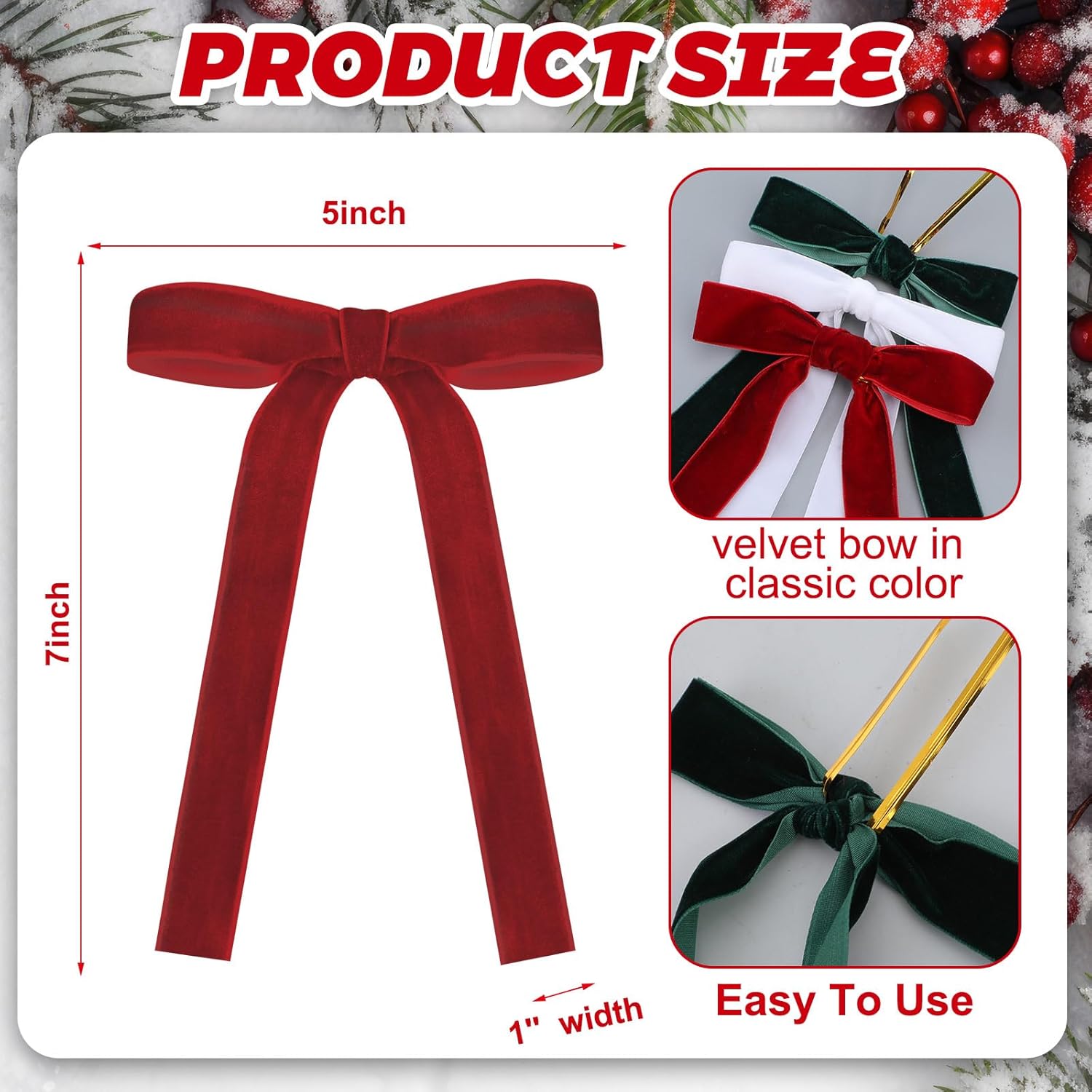 Skiennix 24 Pcs Velvet Christmas Tree Bows - Vintage Ribbon for Crafts & Decor | 5 x 7 Inch, Red/Green/White
