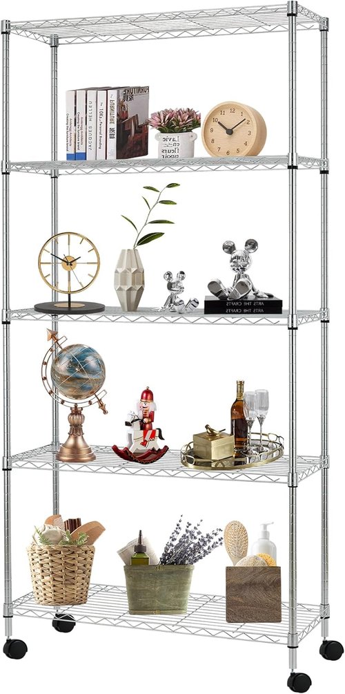 FDW 5-Tier Wire Storage Shelves - Adjustable Heavy-Duty Metal Racks with Wheels | 30"x14"x61" | Chrome Finish, Holds Up to 220 lbs | Tool-Free Assembly for Home & Garage
