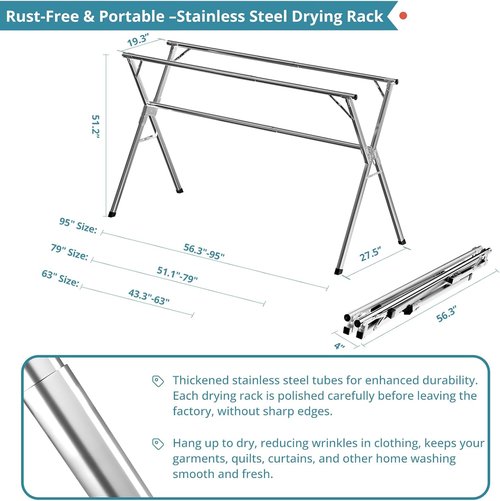JAUREE Clothes Drying Rack - 79 Inches Heavy Duty Stainless Steel | Foldable Indoor/Outdoor with 20 Windproof Hooks
