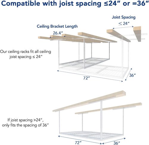 FLEXIMOUNTS Overhead Garage Storage Rack - Adjustable Ceiling System | 72" x 36" x 40", 900lbs Capacity, White