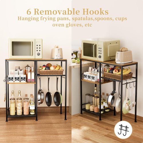 Consumest Microwave Stand, Adjustable Coffee Bar Cabinet, Multifunctional Pan Organizer with 6 Hooks and 3 Shelves, Bakers Rack for Shovel, Pots, Fruits, Vegetables, Brown&Black