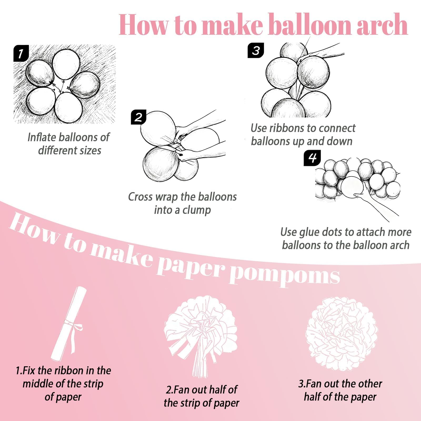 Pink Birthday Decorations with Pink Paper Pompoms Pearl White Balloons Banner Fringe Curtain for Birthday Decorations for Women