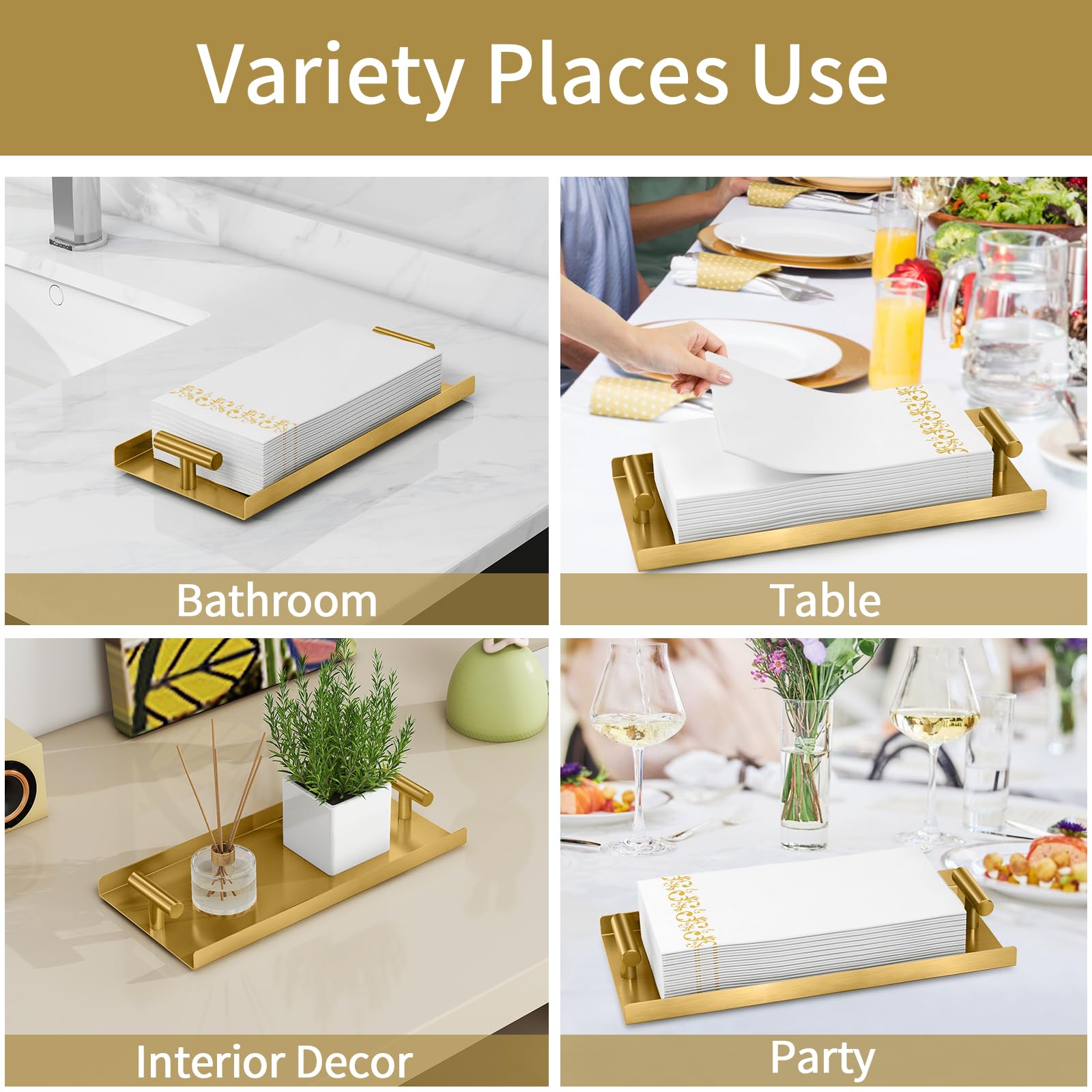 STWWO Napkin Holder for Bathroom, Guest Towel Holder Tray for Bathroom, Gold Guest Napkin Holders with T-Handle, Disposable Hand Towel Tray for Guest Room, Table, Kitchen