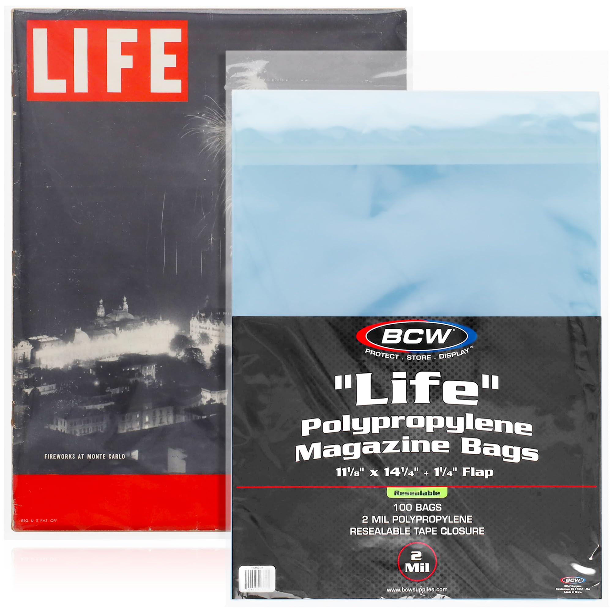 BCW Resealable Life Magazine Bags - 100 Pack | Crystal Clear Polypropylene | Archival Quality |Store Collectible Life Magazines | Exterior 11 1/8 x 14 1/4