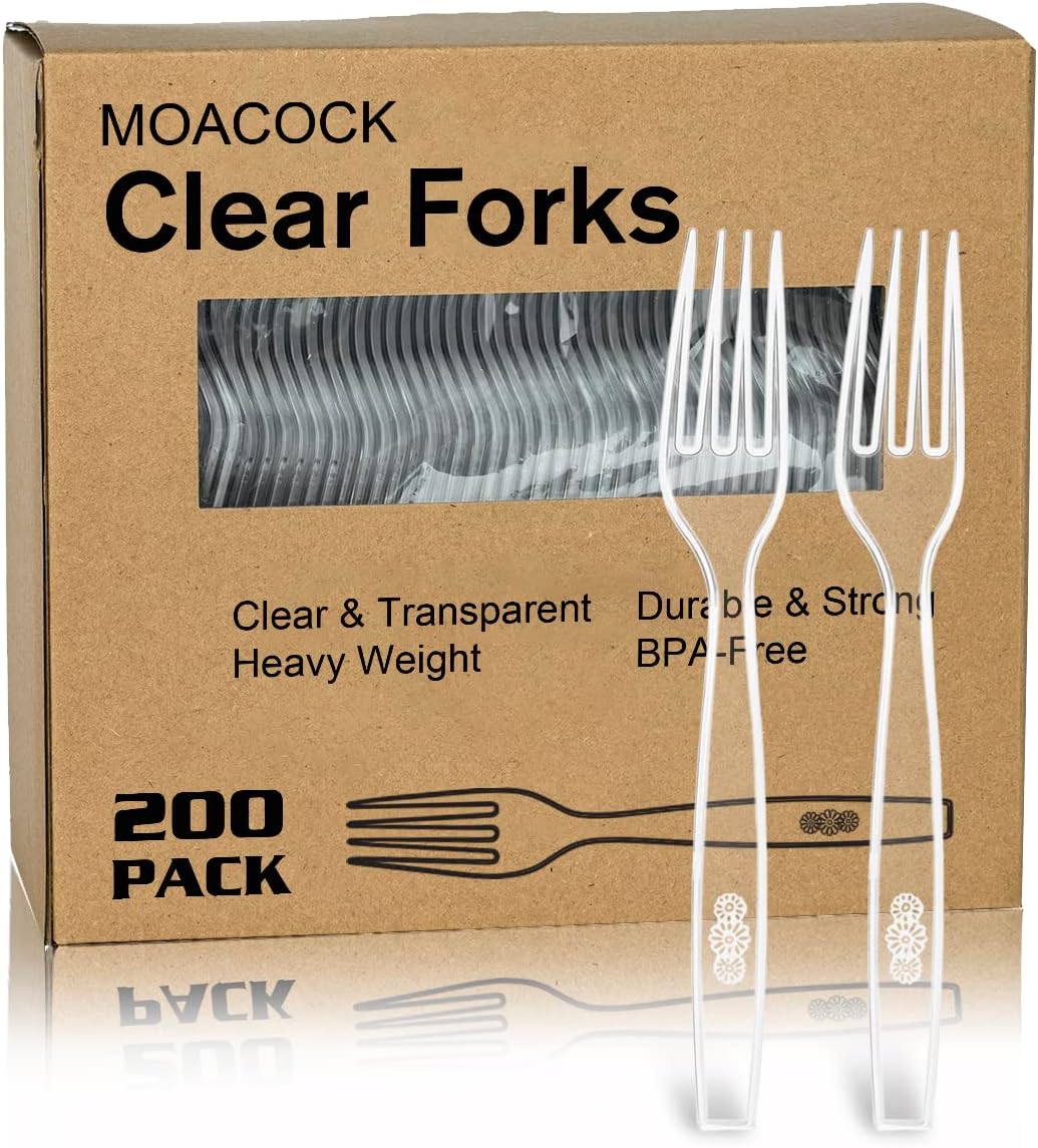 MOACOCK Heavyweight Clear Disposable Plastic Forks - 200 Count for Parties, Picnics & Daily Use