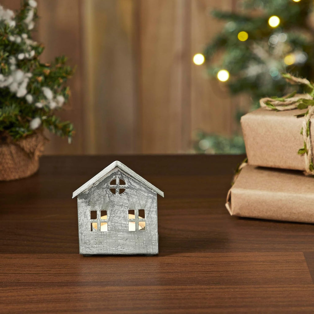 Metal Village House Tealight Holder by [Brand Name] - Antique Grey, 3.25x2.75x2 Inches
