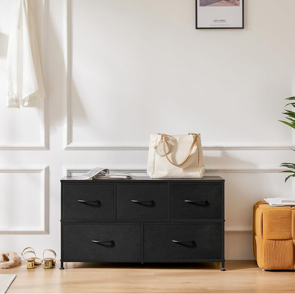 OLIXIS 5-Drawer Dresser - Sturdy Fabric Storage Tower with Wooden Top & Easy Pull Bins for Bedroom | Living Room