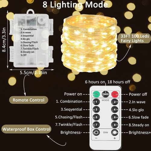Beieverluck 33FT 100 LED Fairy Lights - Battery Operated with Remote & Timer | Waterproof Indoor/Outdoor Decor
