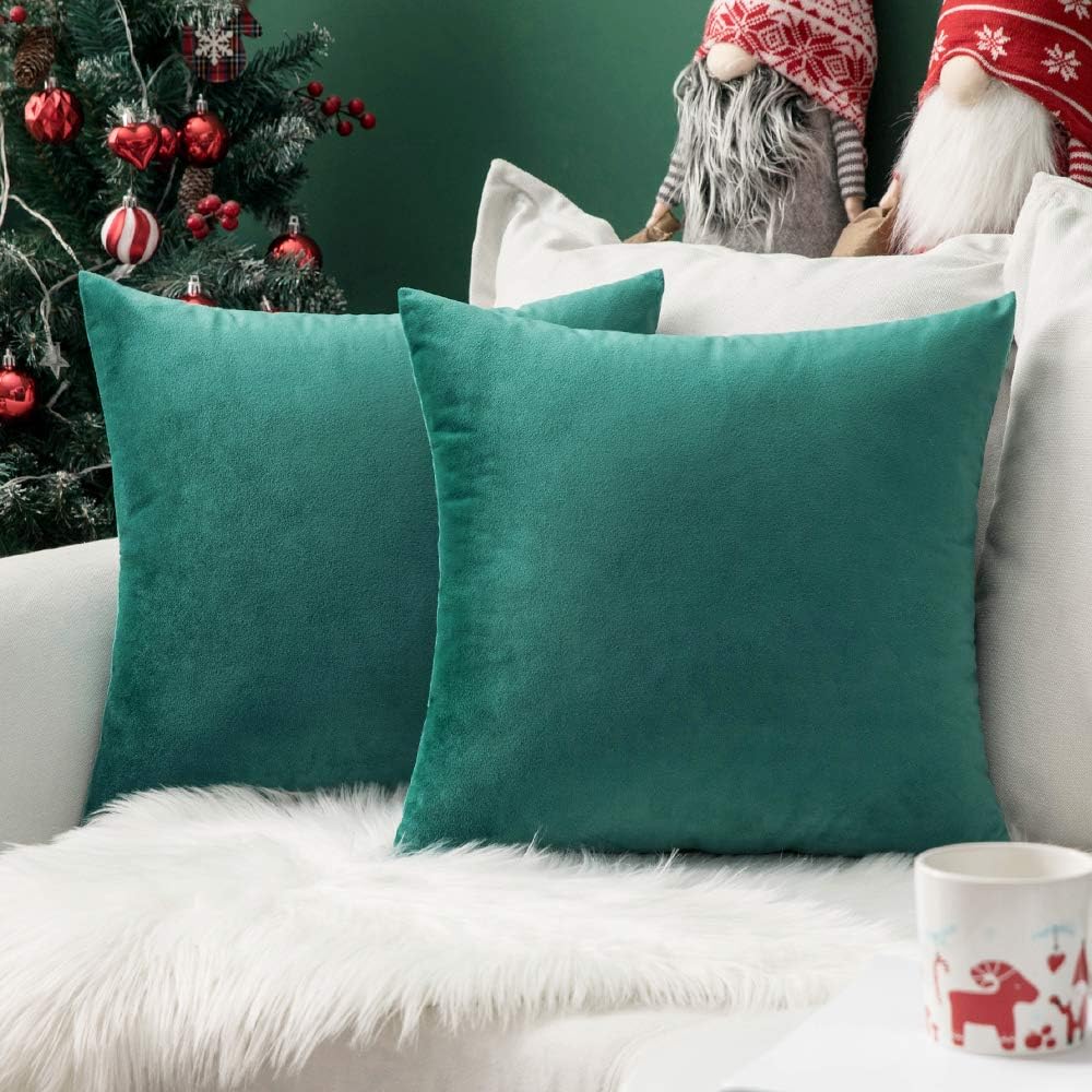 MIULEE Green Velvet Throw Pillow Covers - Soft Decorative Square Cushion Cases | 12x12 Inch Set for Couch & Bedroom