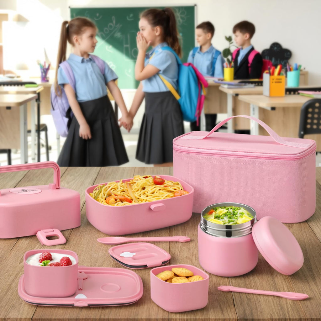 Bento Lunch Box for Kids with 8oz Soup Thermo,2 Leak-Proof Food Containers, a Lunch Bag, Kids Thermo Insulated Hot Food Jar for School, Travel-Pink