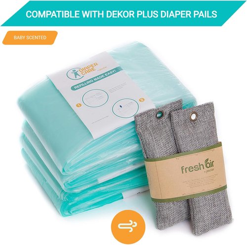 Jasclair Refill Bags for Dekor Plus Diaper Pail - Odor-Locking Multi-Layer Liners | 4 Pack | Leak-Resistant & Light Baby Powder Scent