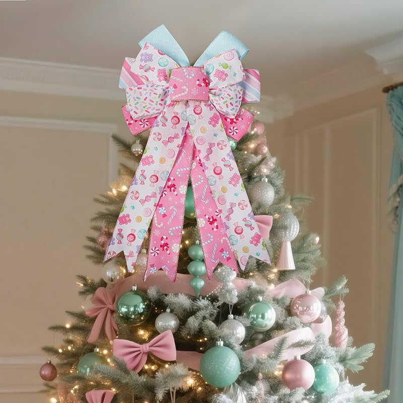 Pastel Candy Christmas Tree Topper Bows, 2 Pack 28x50 cm Pink & White