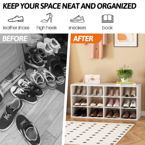 Garden 4 you Shoe Storage Bench, Cubby Shoe Rack with 12 Cubbies, 3-Tier Wood Shoe Rack Organizer, Shoe Organizer Cabinet for Entryway, Hallway, Closet and Garage, White