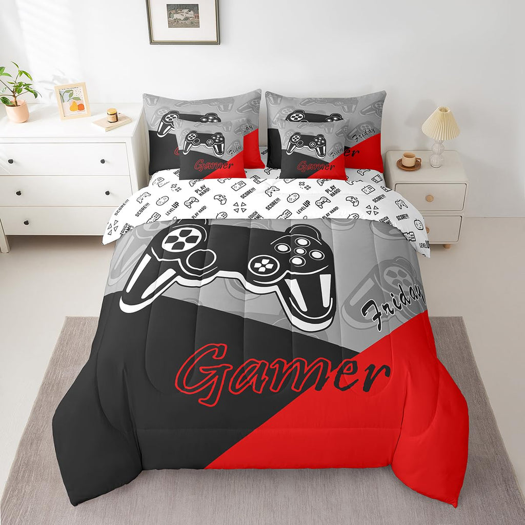 Feelyou Gamer Comforter Set with Sheets for Boys Teens Gaming 7 Piece Bedding Set Queen Size Video Game Contoller Home Bed in a Bag Decor for Kids Bed Set