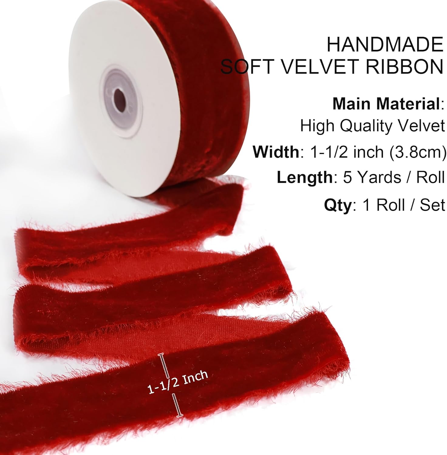 Red Velvet Ribbon - 1.5 Inch Handmade Silk Fabric, 5 Yards for Gift Wrapping, Bouquets & Ornaments
