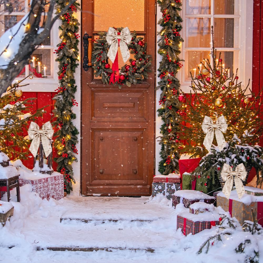 Skiennix Christmas Wreath Bows - 4 Pieces, 7" x 10" Champagne Farmhouse Decor for Front Door & Tree