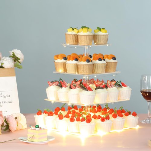 HENABLE 4 Tier Premium Cupcake Stand Cupcake Holder, Acrylic Cupcake Tower with LED Yellow Light for Cupcakes, Dessert Table Display Set for Birthday, Bar, Decor Weddings, Parties Events