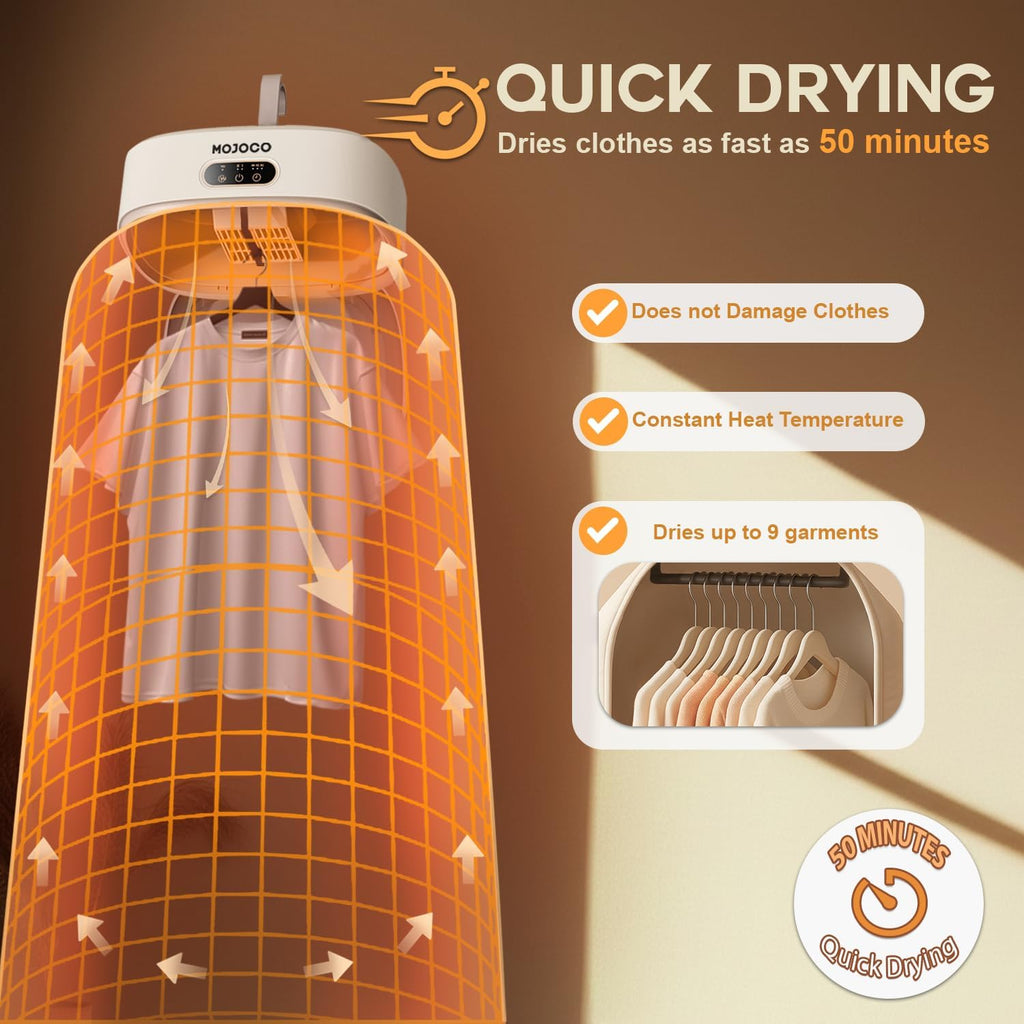 MOJOCO Portable Clothes Dryer - Compact Mini Dryer for Travel & RV | Quiet Fast-Drying with Adjustable Timer