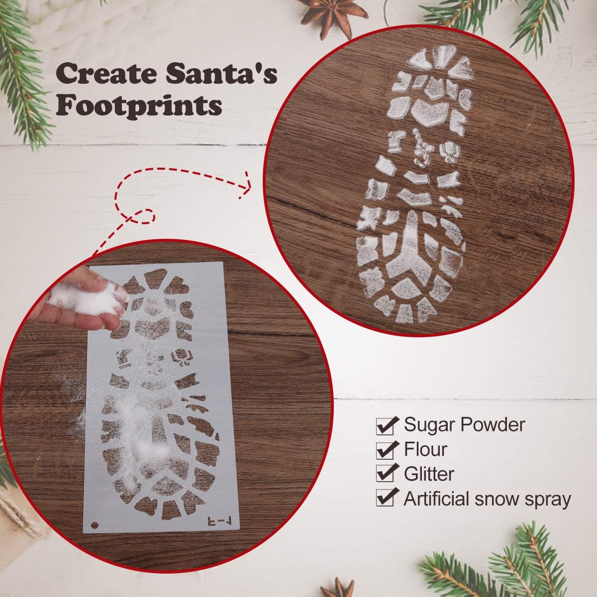 Mocoosy Christmas Stencils - 6 PCS Reusable Santa Footprints & Snowflake Templates for Holiday Crafts