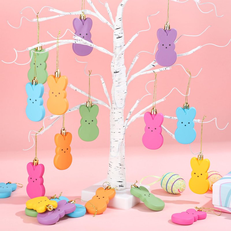 24 PCS Bunny Hanging Ornaments Colorful Peeps Bunny for Tree Decorations Easter Rabbit Plastic Hanging Ornaments Easter Tree Hanging Decoration for Home Holiday Party Decor