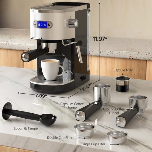 Havato 20 Bar Espresso Machine Semi-Automatic, Professional Coffee Maker with Milk Frother Steam Wand & 45OZ Removable Water Tank, Home Barista System for Cappuccino, Latte, Americano-Stainless Steel