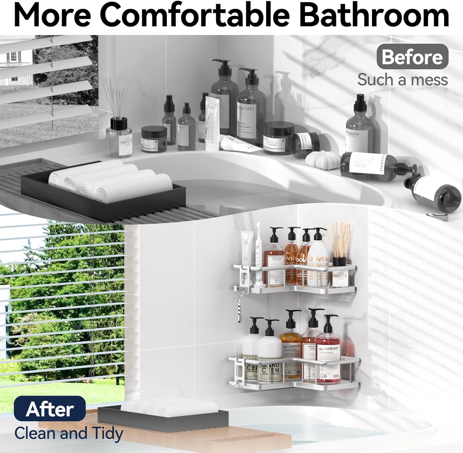 YASONIC Shower Caddy - 2-Pack Rustproof Stainless Steel Corner Shelves with Soap Holder | No-Drill Design for Dorms & Bathrooms