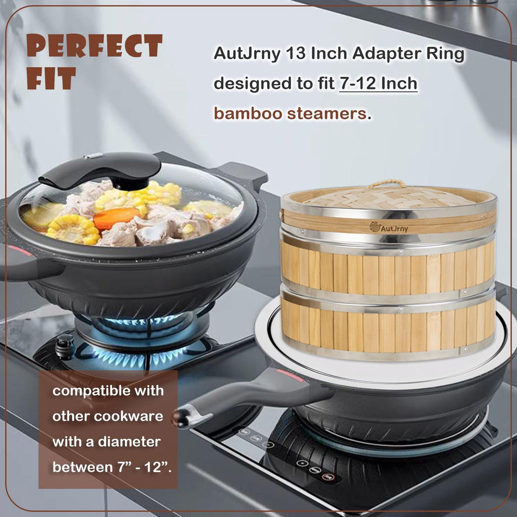 Stainless Steel Steamer Ring | 13 Inch, Fits 7 to 12 Inch Bamboo Steamer | Steaming Adapter for Steam Pot, Asian Food, Dumpling, Dim Sum, Rice, Veggie for Cooking Basket