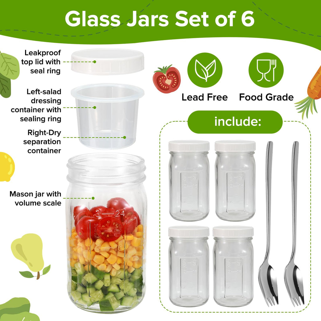 Fusnugk 4 Pack Glass Salad Mason Jars with Lids Meal Prep 32 oz Wide Mouth