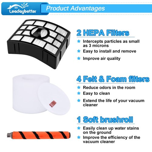 Leadaybetter Filter Replacement for Shark APEX DuoClean Lift-Away AX950 AX951 AZ1002 AZ1000 AZ1000W, 2 Black Filters, 4 Foam & Felt Filters, 1 Brush Roll, Compare to Part # XFF650 & XHF650 & 1173FT950