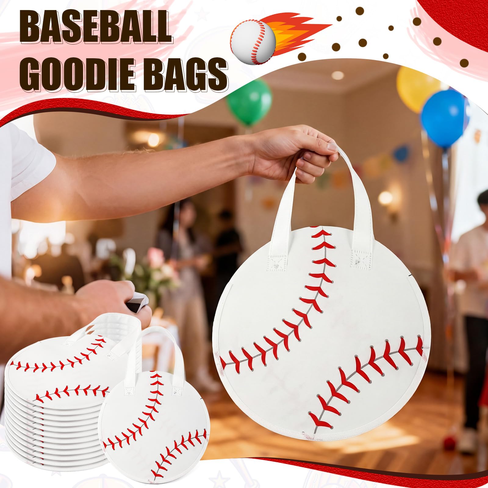 Yeyeplum 12 Pcs Basketball Party Favor Bags 10 × 10 Inch Basketball Gift Bags with Handle Round Non Woven Gift Pouches for Goodie Candy Snacks Sports Themed Birthday Party Supplies