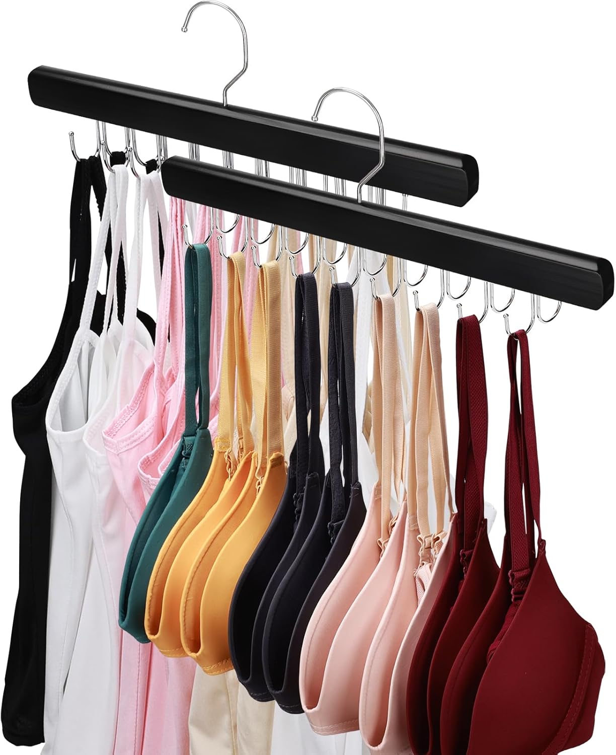 NECAMOCU Bra Hanger - Premium Wooden Closet Organizer with 36 Foldable Hooks | Space-Saving Design, Black