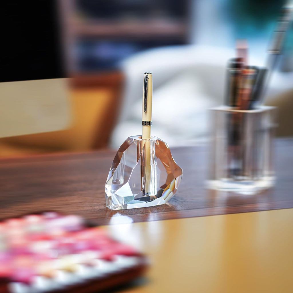 QFkris Crystal Heart Shaped Pen Holder - Elegant Glass Feather Desk Organizer | 3.5" Fountain Pen Stand