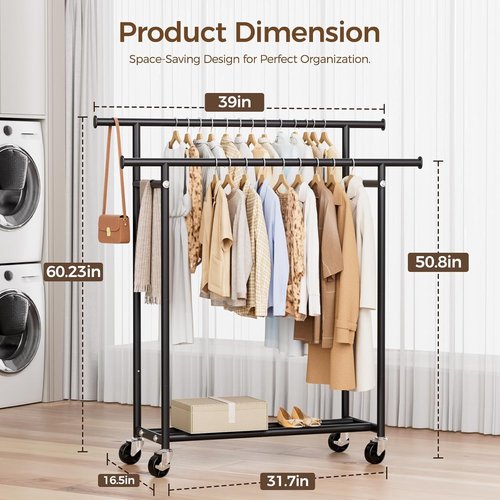 HYSEYY Clothes Rack - Portable Double Rod Rolling Garment Rack with Wheels | 240 LBS Capacity, Black