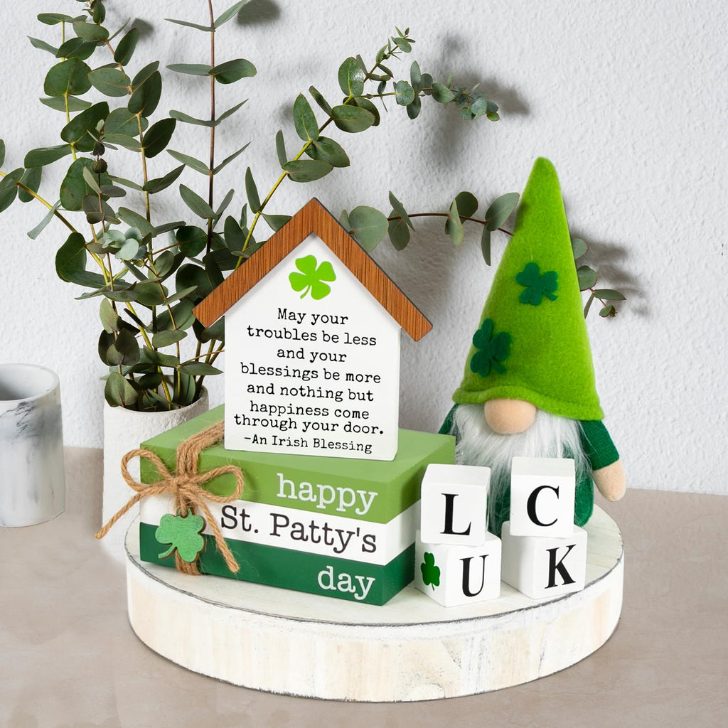 DAZONGE St. Patrick's Day Decorations, 6PCS St. Patrick's Day Tiered Tray Decor, Happy St. Patty’s Day Book Stack, Shamrock LUCK Blocks, St. Patrick's Day Signs for Home Table Shelf Decor