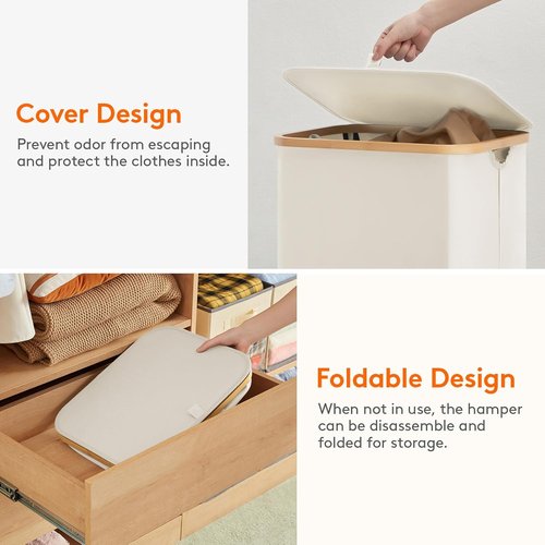Lifewit 80L Laundry Basket - Foldable Hamper with Lid & Bamboo Handles | Removable Bag, White