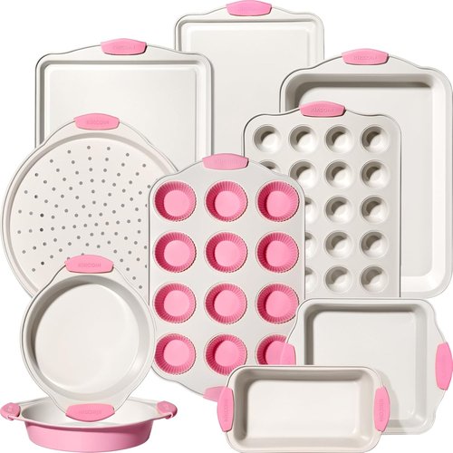 Kikcoin Nonstick Baking Pans Set - 22 PCS Stackable Bakeware with Silicone Handles | 450°F Oven Safe, Pink