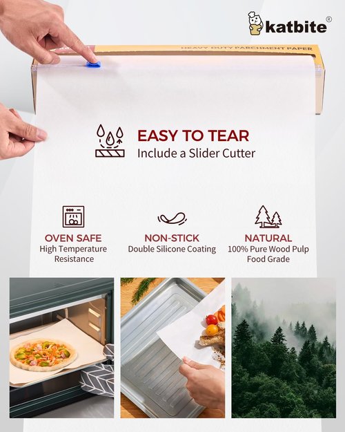 Katbite Parchment Paper Roll - Heavy Duty Non-Stick Baking Paper | 2 Pack, 15 in x 210 ft with Slide Cutter