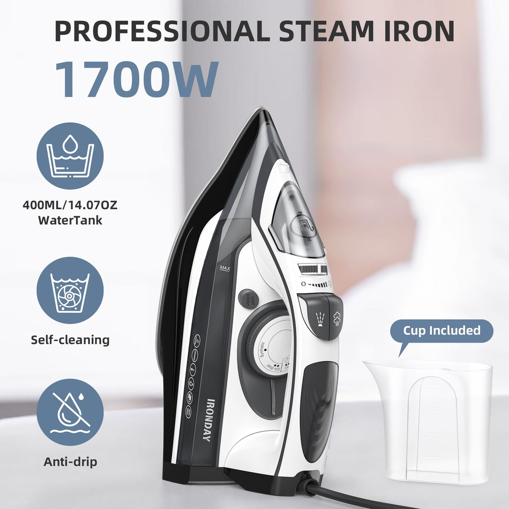 IRONDAY Steam Iron for Clothes 20s Fast Heat-up,1700W Iron with 14.07oz Large Water Tank,Non-Stick Ceramic Soleplate, Anti-Drip, Auto-Off, Burst Steam, Self-Cleaning, Ironing Clothes for Home, Grey