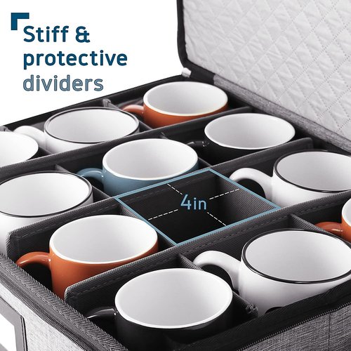 Fine China Hard Shell Dish Organizer - 5 Piece Stackable Mug and Plate Storage Containers with Dividers for Moving and Seasonal Storage, Grey