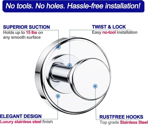 Bntuk Suction Cup Hooks - Removable Bathroom Towel Hooks for Shower & Glass Door | 4 Pack, Chrome