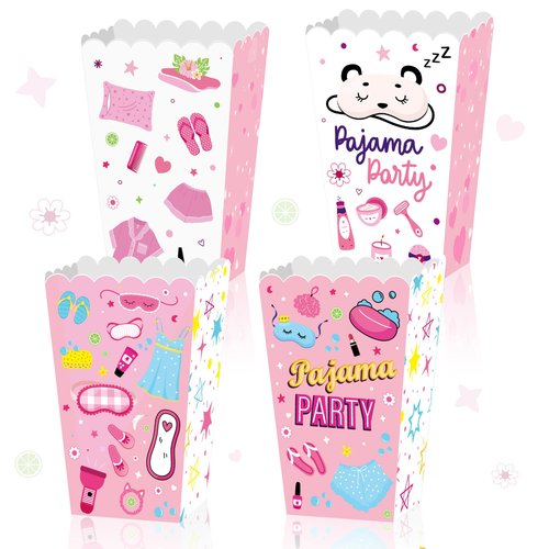 CHENRINDECO 24Pcs Pajama Party Popcorn Boxes Girls Sleepover Party Popcorn Container Slumber Favor Bags Boxes for Girls Pajamas Slumber Night Out Party Decoration