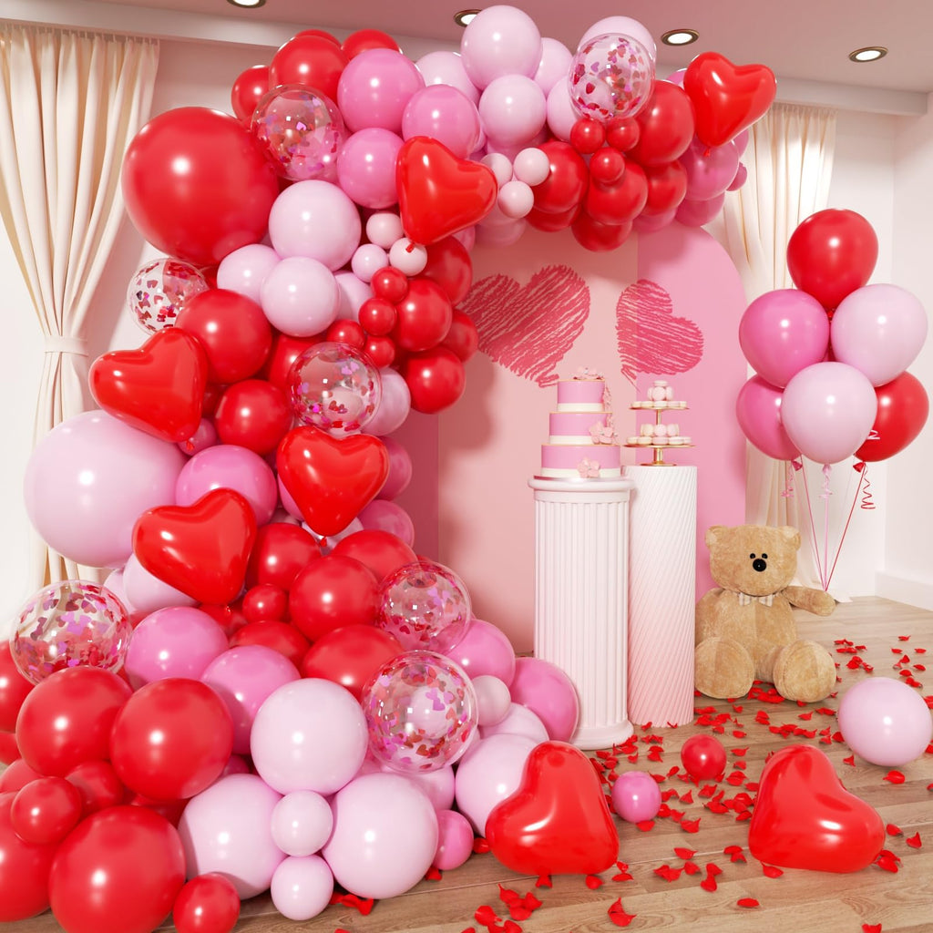 PityBlns Valentine's Day Balloon Arch Kit - 382Pcs Rose Petals Red Heart Balloons Red and Pink Latex Balloons Garland Kit for Valentines Day Galentines Wedding Engagement Anniversary Party Decorations