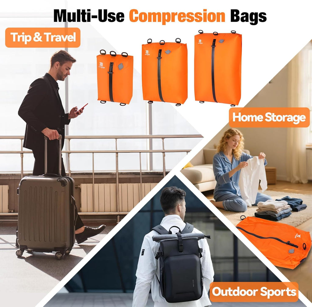 Skiennix Vacuum Bags for Travel - 3-Pack Reusable Compression Bags with Pump | Waterproof Space Saver in Orange