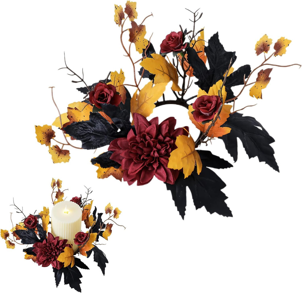Regine Switzerland Halloween Candle Rings - Red Flowers & Artificial Maple Leaves | Perfect Table Centerpieces