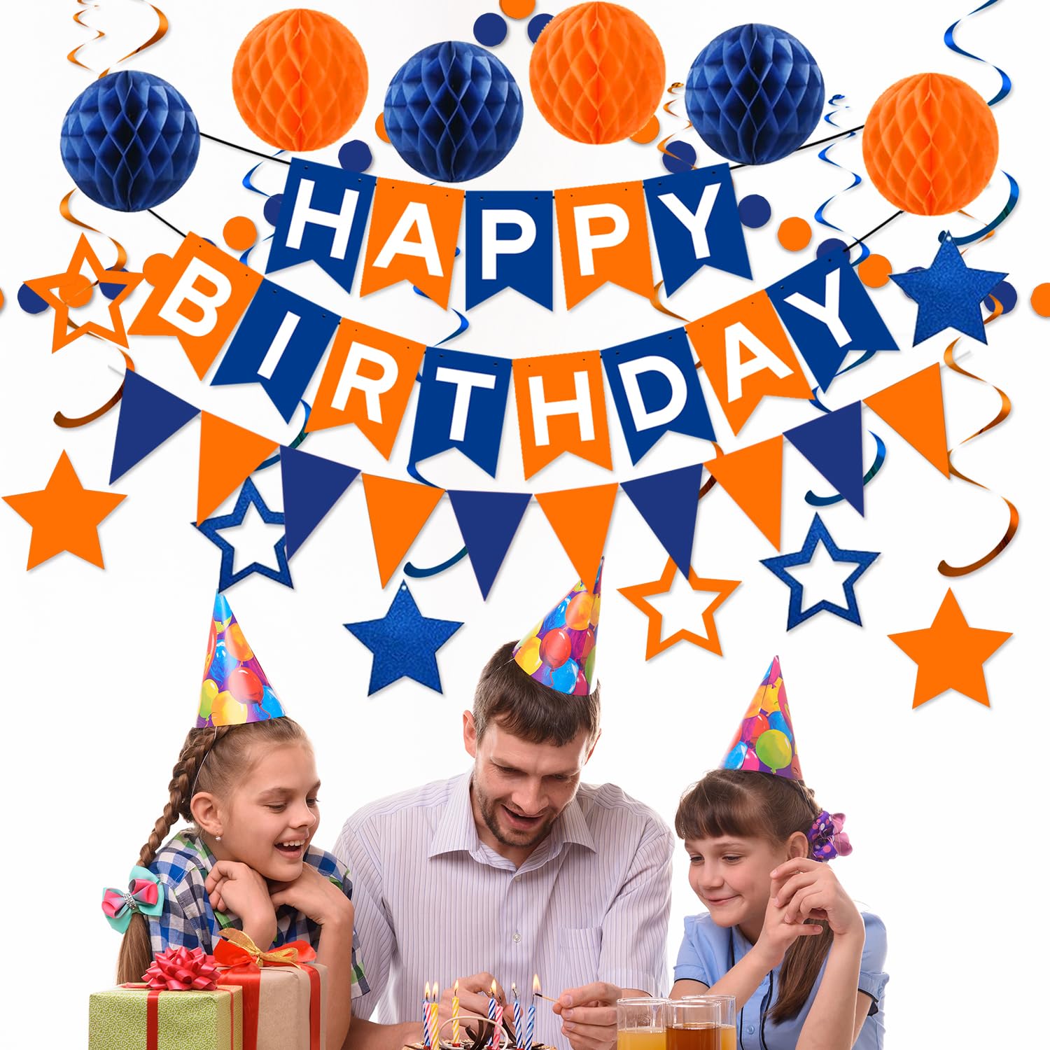 WODEMAYAA Blue & Orange Birthday Party Decorations - Happy Birthday Banner, Honeycomb Balls, Swirls, Circle Dot Garland, Triangle Flags Bunting