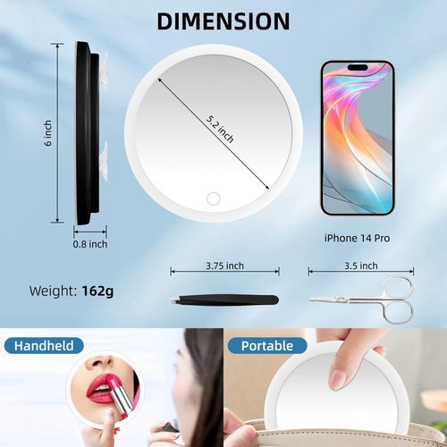 JJhxr 30X Magnifying Mirror with Lights, 30x Magnified Mirror with 3 Color Lights Adjustable Brightness, Rechargeable 6inch Travel Magnification with 3 Suction Cups - Includes Tweezers & Scissors