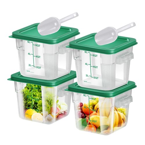 FeyBuosk 4 pcs 6qt Food Storage Containers with Lid, Square Clear Commercial Storage Containers with Handle and Scale for Food Storage in Home Kitchen & Dining (Green)