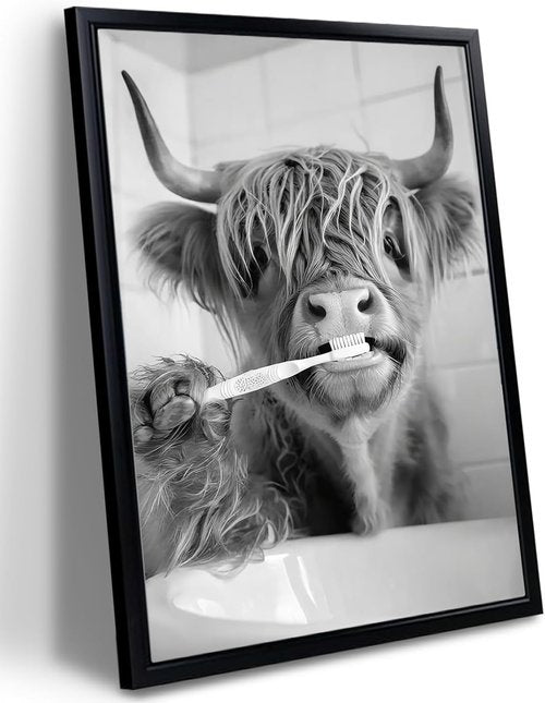 Highland Cow | Framed Funny Bathroom Wall Art - Black & White Modern Farmhouse Decor | 12x16in