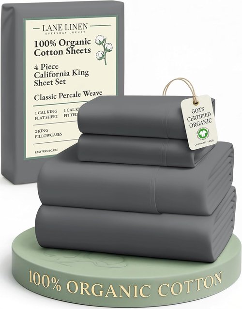 LANE LINEN 100% Organic Cotton California King Sheet Set - Fully Elasticized, Deep Pocket, Machine Washable | Charcoal